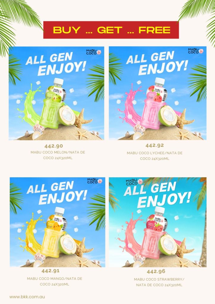 shelf display advertising a buy one, get one free (BOGO) promotion on Mabu Coco flavored coconut water drinks. There are four flavors advertised: Mabu Coco Melon/Nata de Coco, Mabu Coco Lychee/Nata de Coco, Mabu Coco Mango/Nata de Coco, and Mabu Coco Strawberry/Nata de Coco.