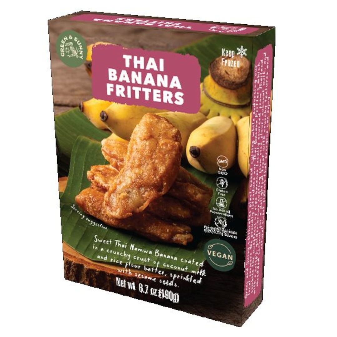 A box of Green&Sunny Banana Fritters 12x190g. The box is green and yellow with text in English and Thai.