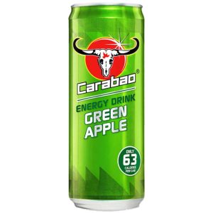 A can of Carabao Carbonated Green Apple Energy Drink, featuring a vibrant green design with the Carabao logo and text that reads "Only 63 Calories Per Can." The can is part of a 12x330ml pack.